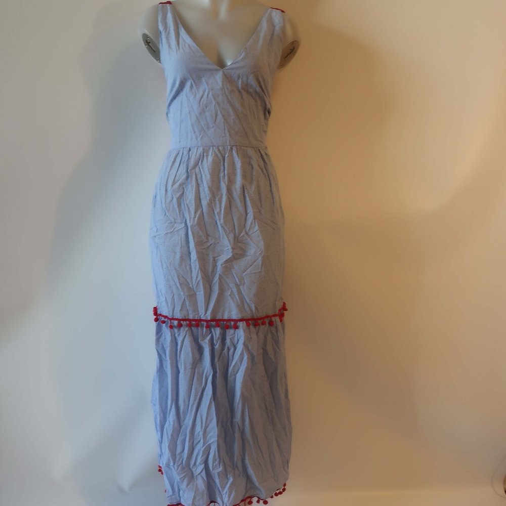 NWT Womens Tina Demel  Blue Red Pom Pom Strappy Maxi Dress L *